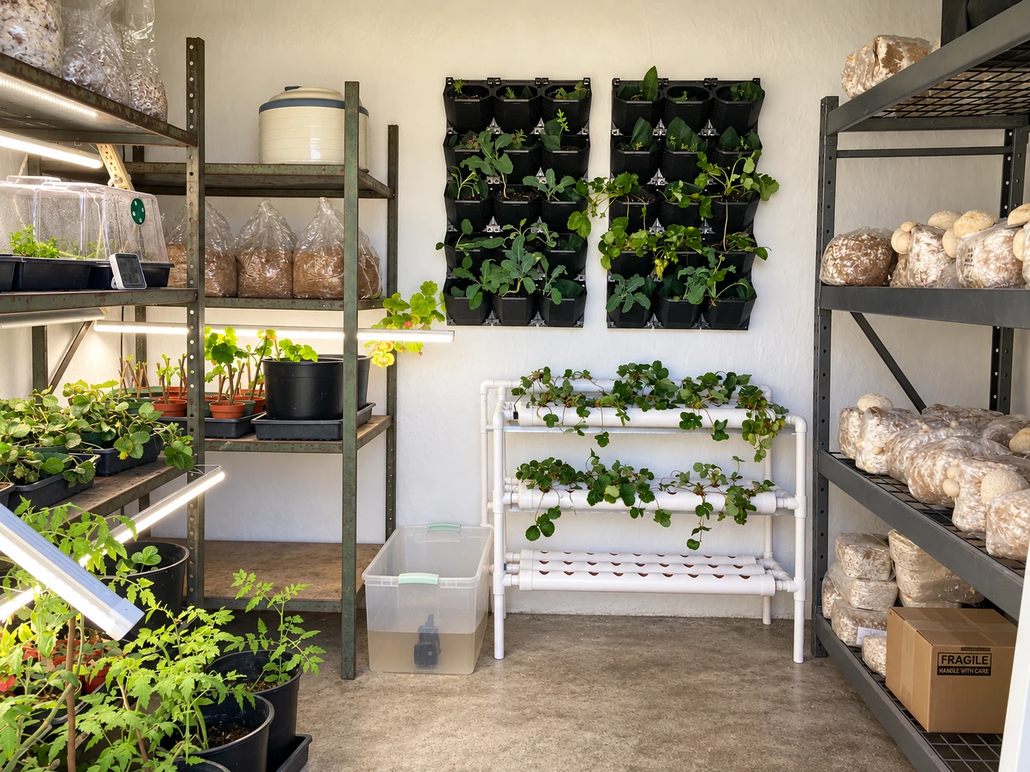 Inside a Littlest Big Farm with strawberries, wall planters, hydroponics, and mushroom production
